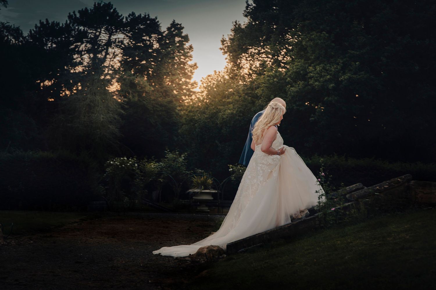 emotive bride and groom photography under natural dusk light