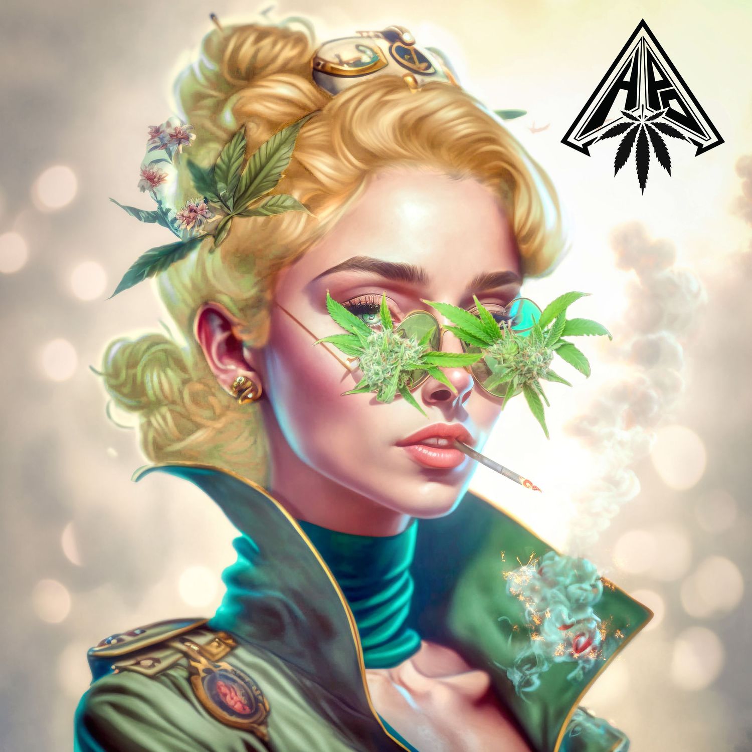 Digital art of a blonde woman wearing cannabis leaf sunglasses and smoking a joint with flowers in her hair.