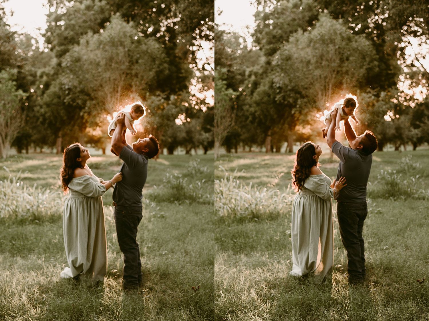 Side-by-side photos of a family playing and lifting their child in golden sunset light.