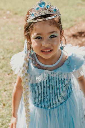 Light blue princess dress with sequined bodice and sparkly tiara.