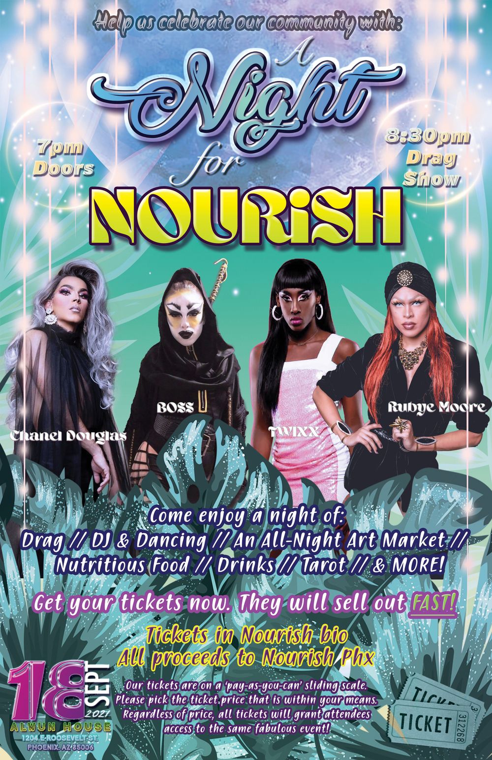 Flyer for 'Night for Nourish' drag charity show, featuring art and graphic design, an example poster from Phoenix, AZ, by Big Click Energy.