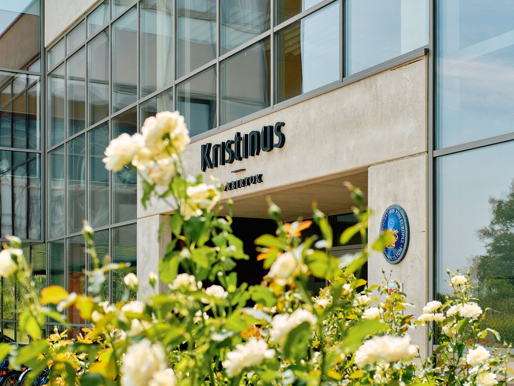 Modern storefront with Kessler's sign surrounded by blooming yellow flowers.