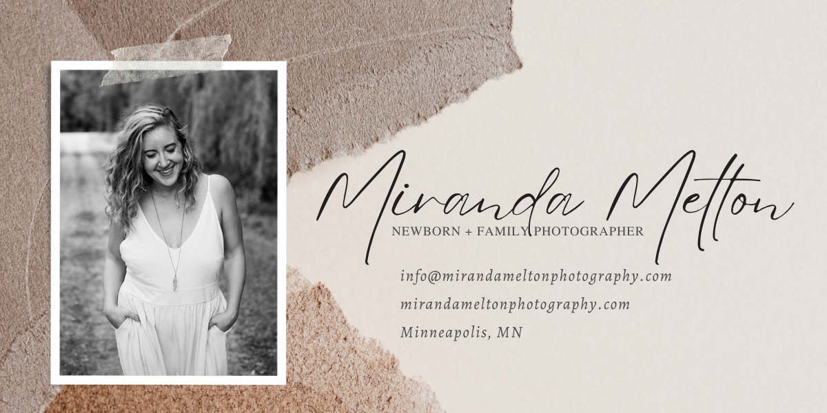 A photo of Miranda, a Twin Cities Family Photographer, appears taped next to her contact information
