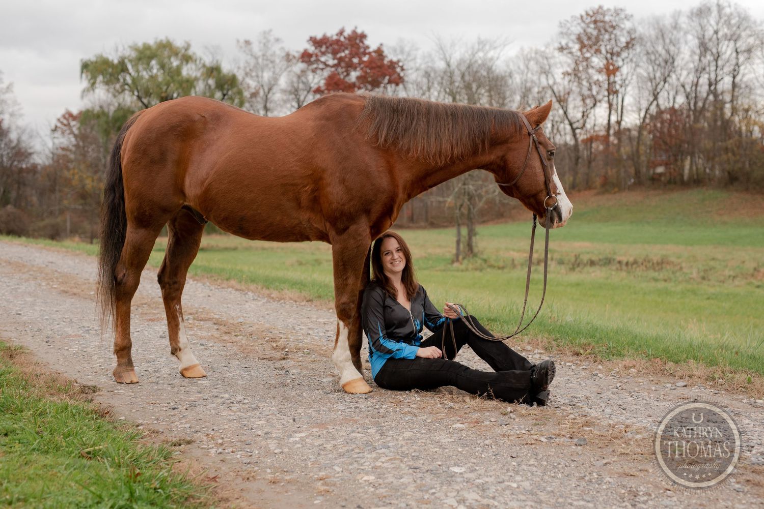 A chestnut horse stands on a dirt path while someone relaxes on the ground beside it.