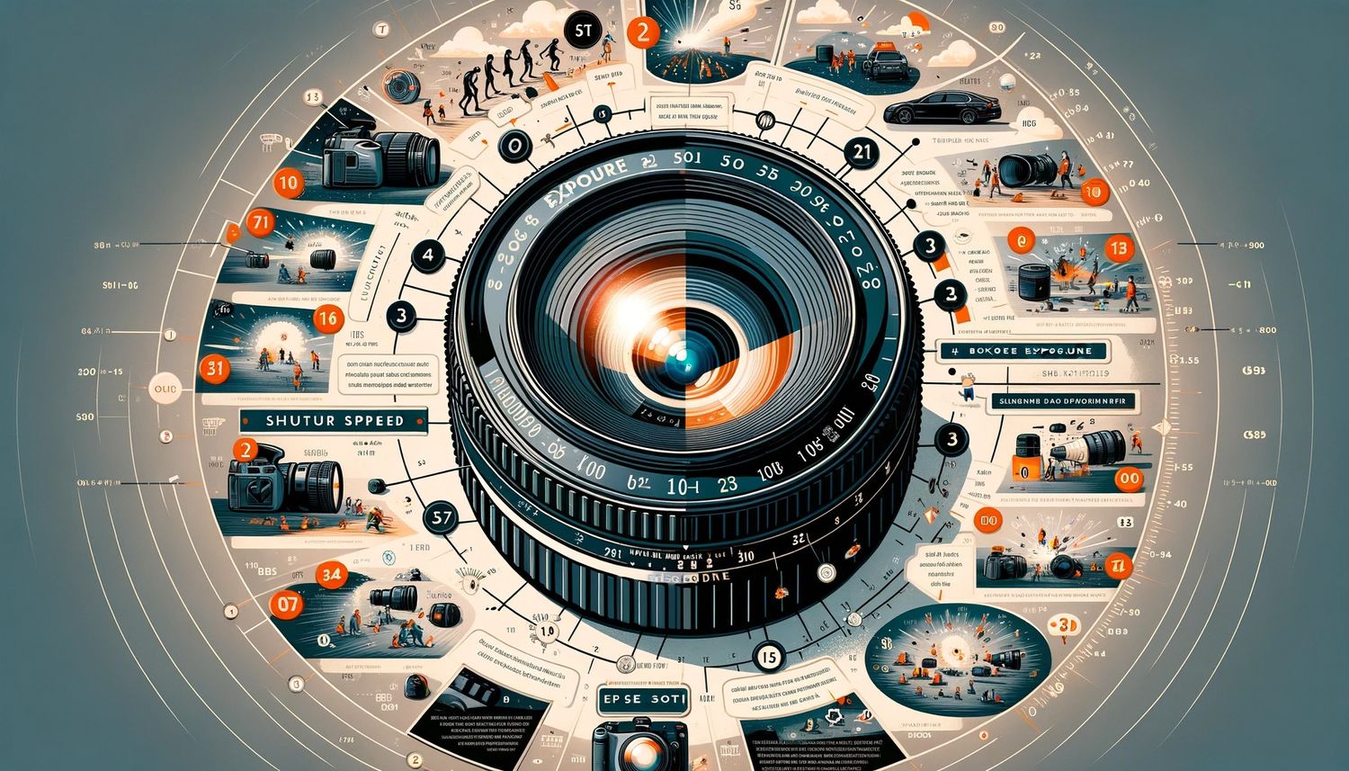 Detailed technical illustration of camera lens mechanism with surrounding photography elements.