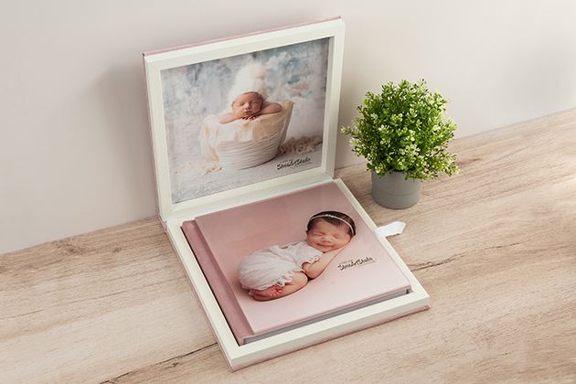 Professional photo album displaying newborn photography with decorative plant on wooden table.