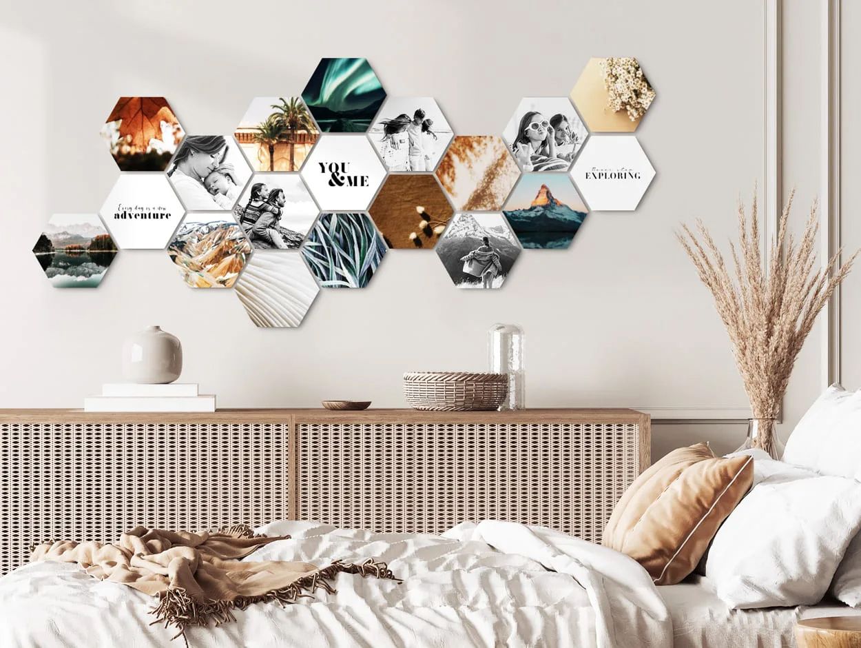 Modern hexagonal wall art display with abstract nature designs above a textured credenza in a cozy bedroom setting.