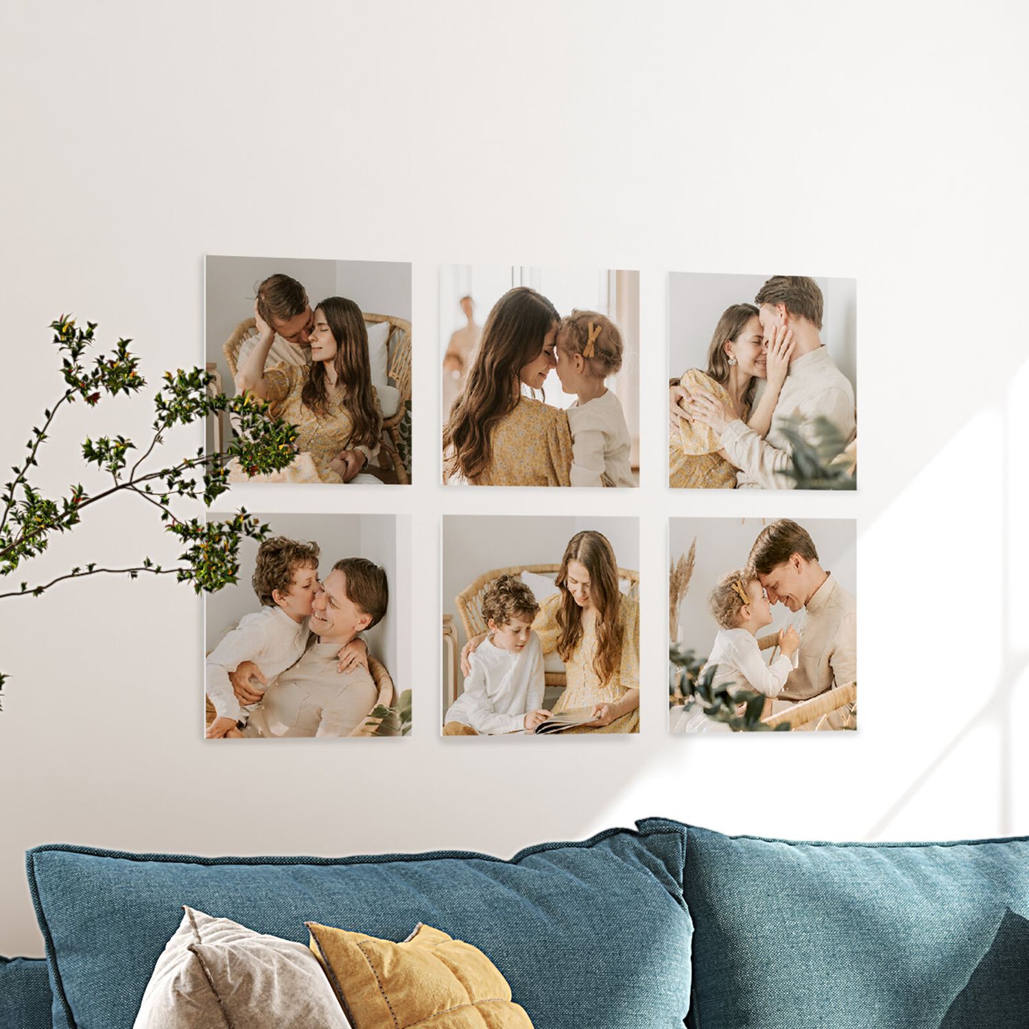 Six warm-toned photo prints arranged on a white wall above a teal couch with decorative throw pillows.