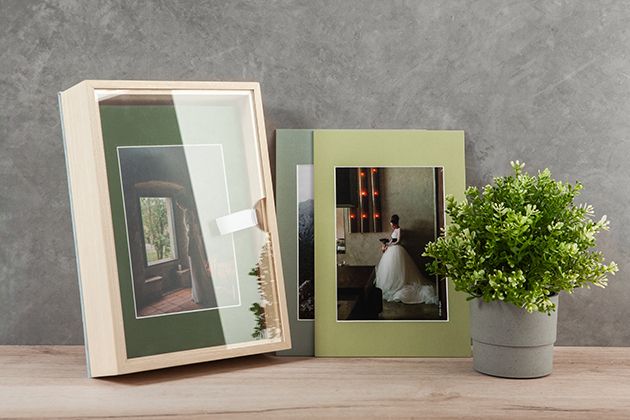 Gallery-style photo frames and potted plant arranged on wooden surface against grey wall.