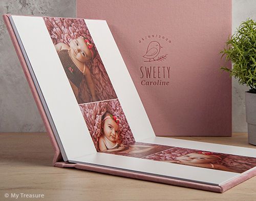 Pink-toned professional photo album displaying artistic portrait layouts.