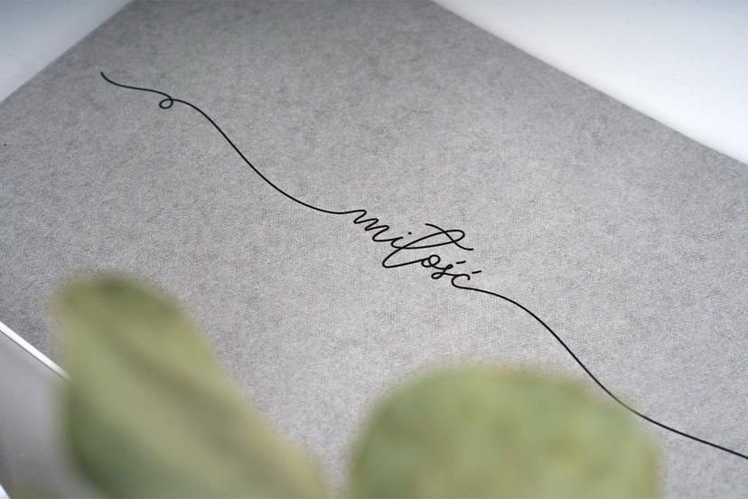 Black cursive text written in a minimalist style against a light gray background with a blurred green plant in foreground.