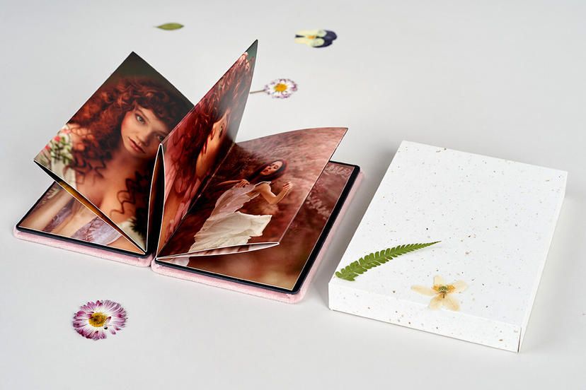 Open photo album with pressed flowers and decorative elements on white background.