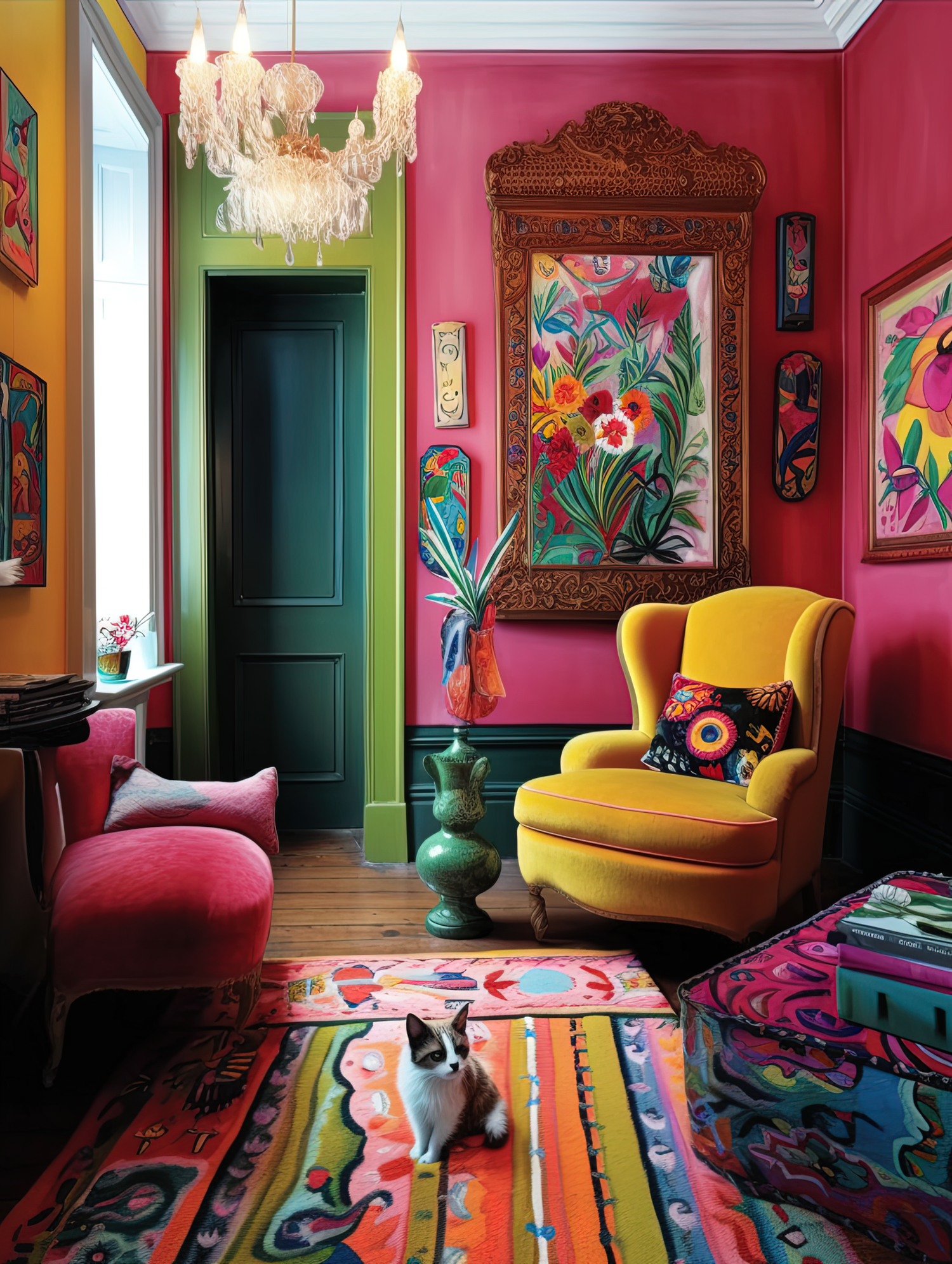 Vibrant eclectic living room with yellow armchair, colorful rug, and artistic wall decor.