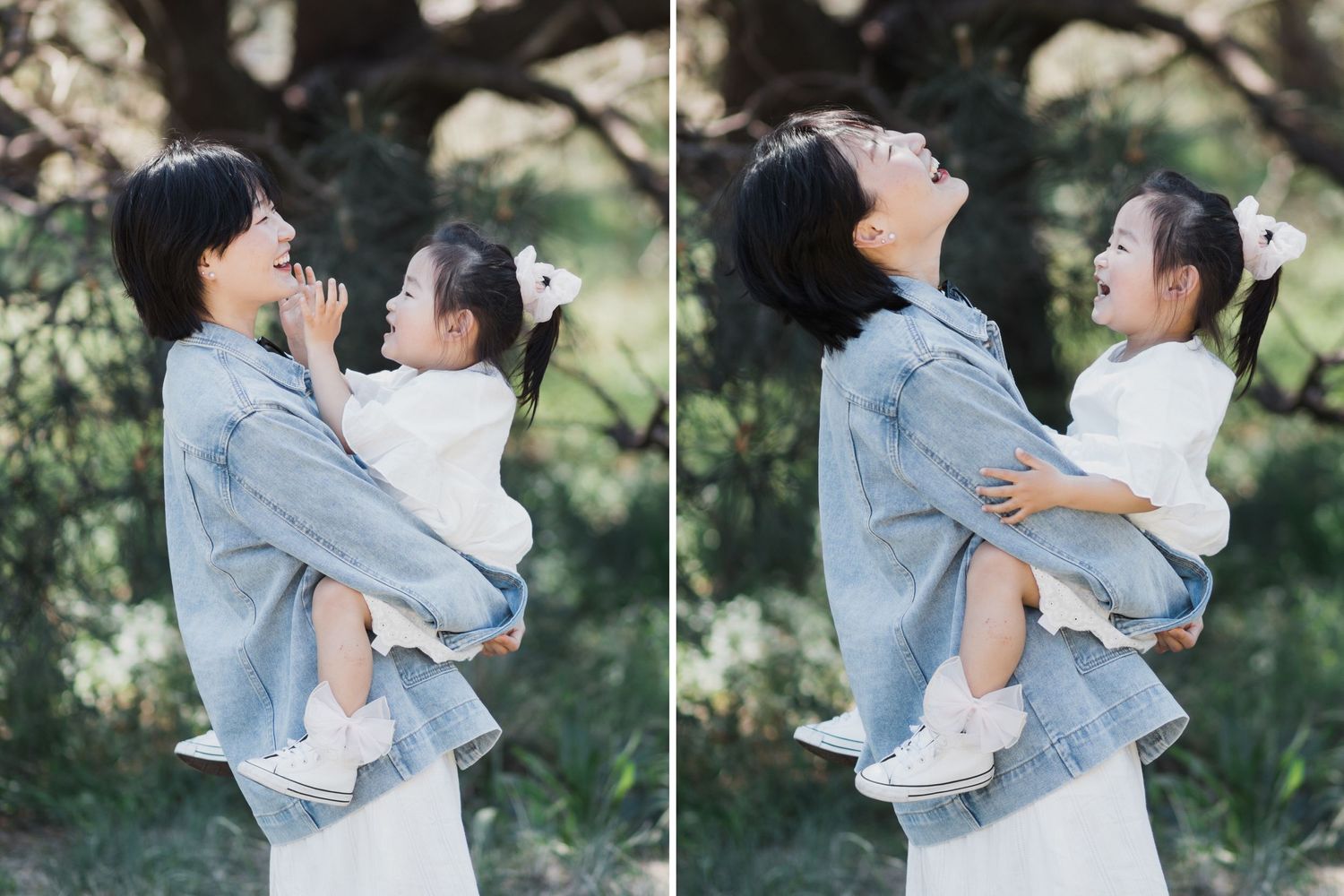 A mother laughs joyfully while holding her young child in a diptych portrait among green trees.