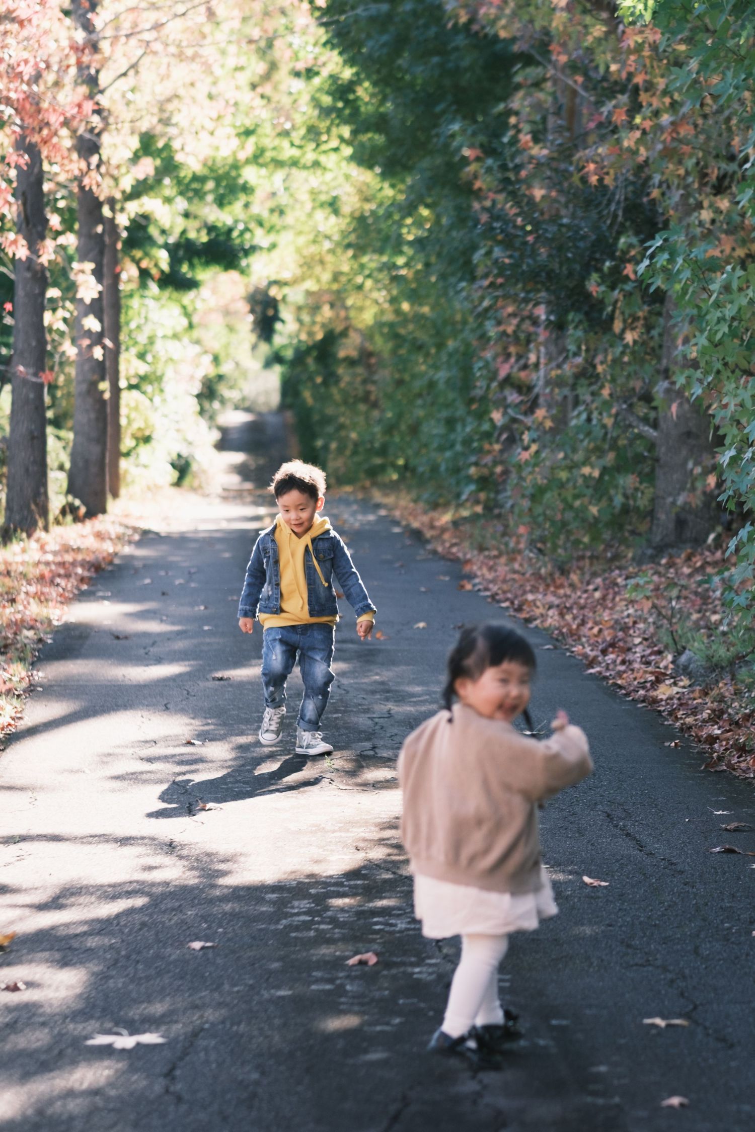 Two young Asian children run and play together along a tree-lined path in autumn.