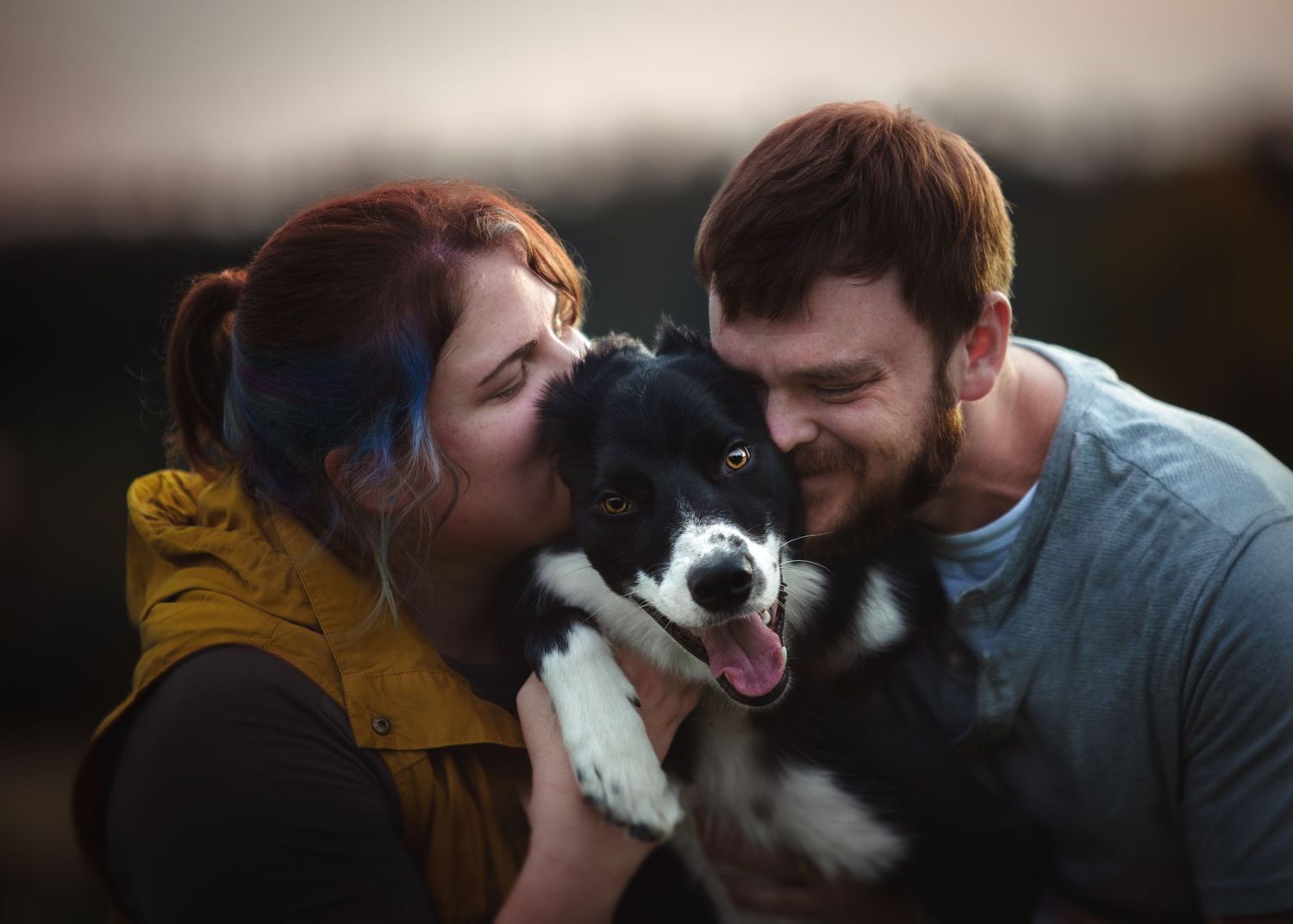 portrait of family with border collie dog, laughing and smiling, squeezing the dog, happy dog, blurred background