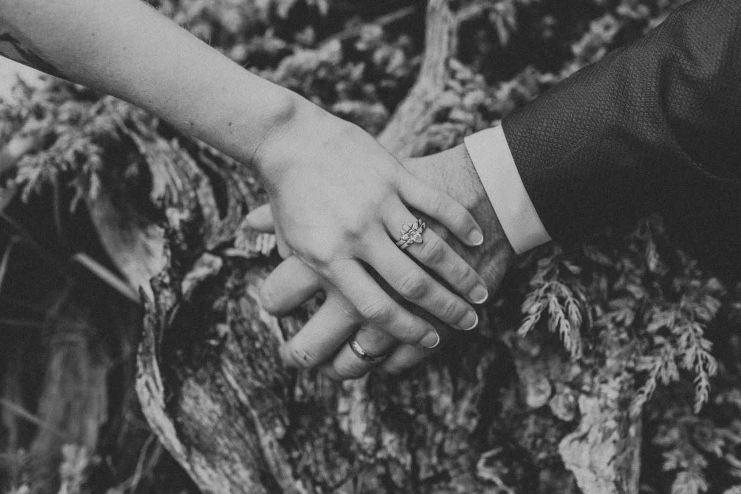 The hands of a bride and groom.