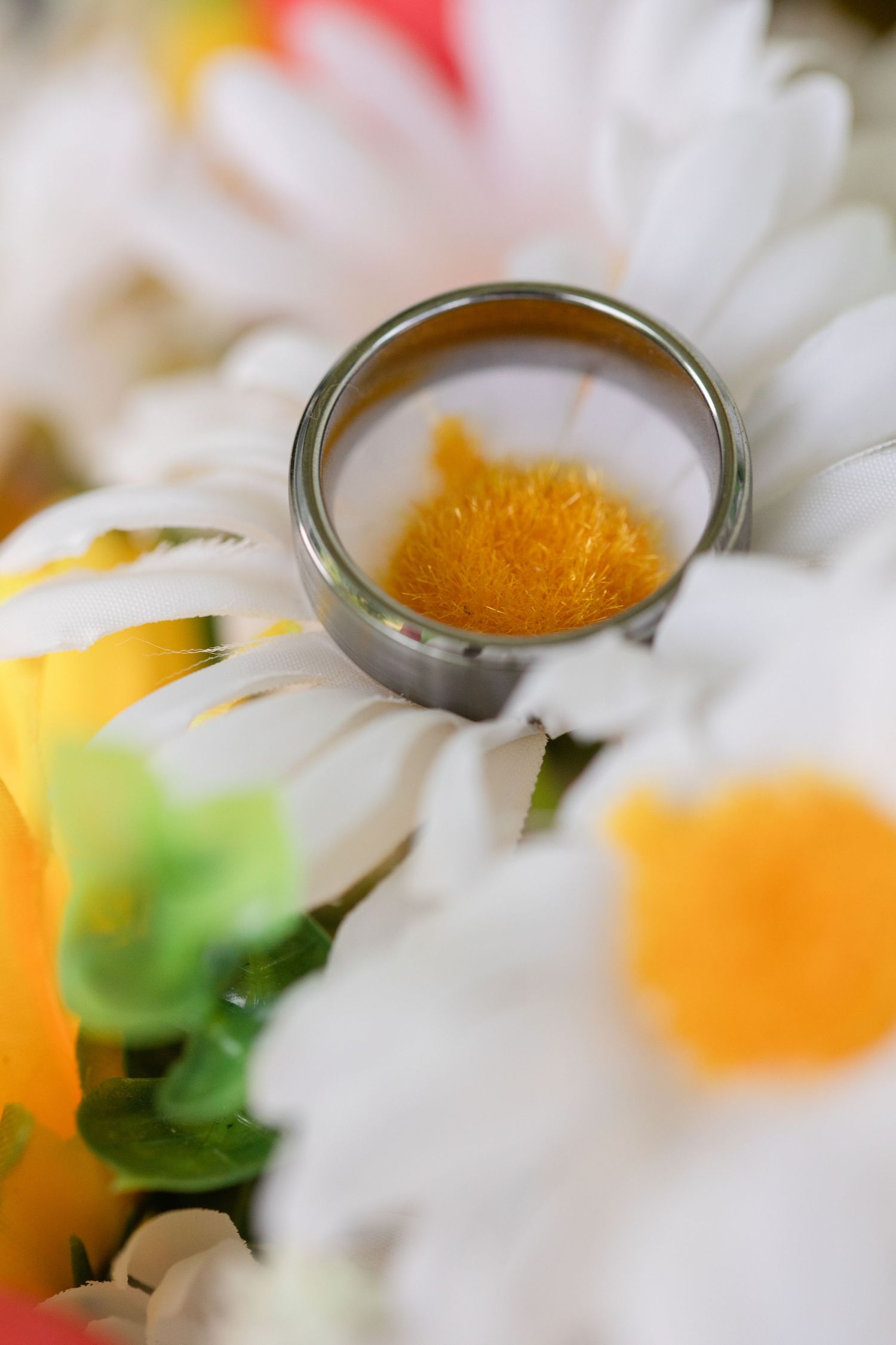 Wedding band resting on white daisy petals in macro photography.