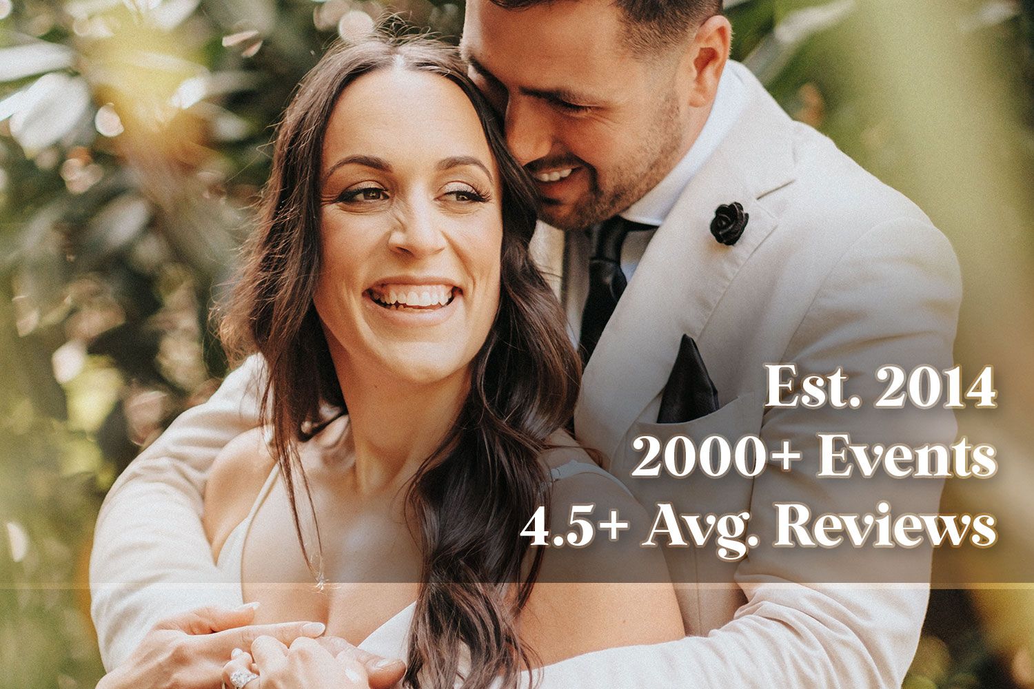 Wedding photography business stats overlay on couple portrait showing established date and review count.