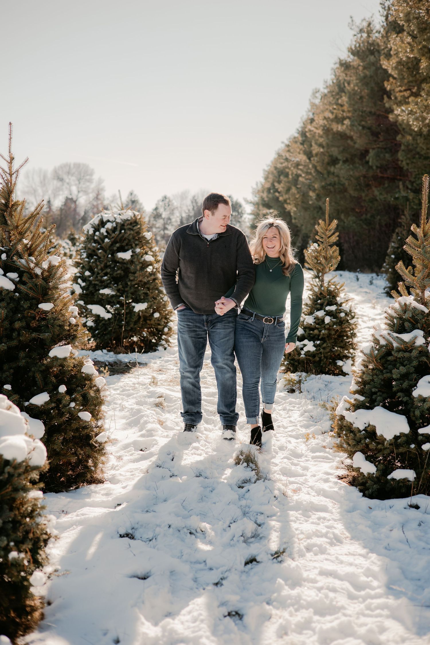 A couple walks hand in hand through a snow-covered Christmas tree farm.