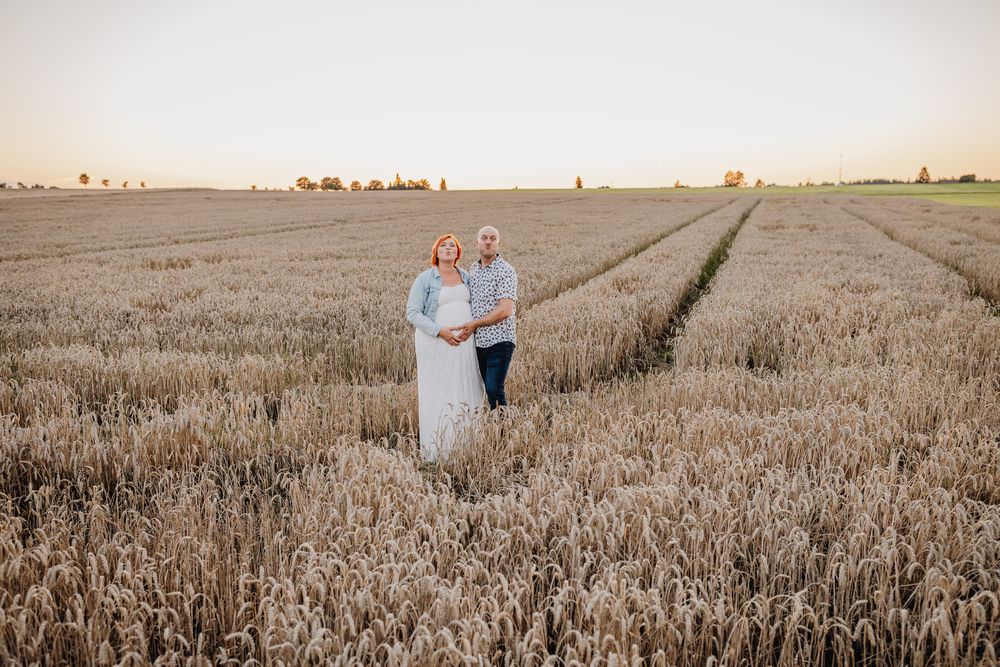 Ein romantisches Familienportrait eines werdenden Elternpaares, das bei Sonnenuntergang zusammen auf einem goldenen Weizenfeld steht.