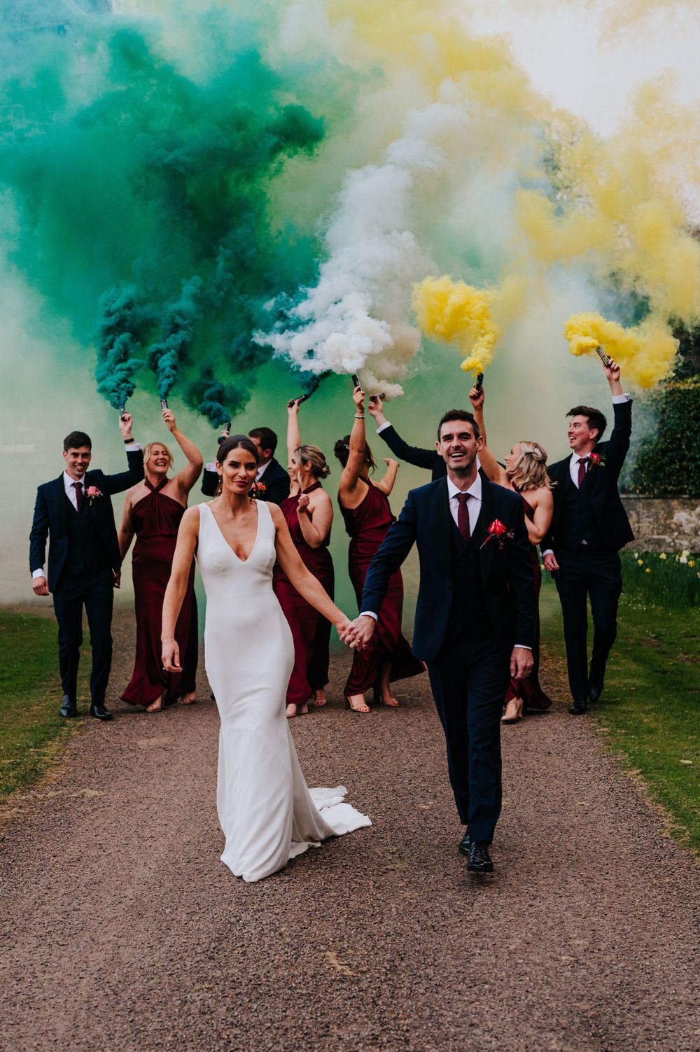 Bridal party with smoke bombs at a Gilmerton house wedding