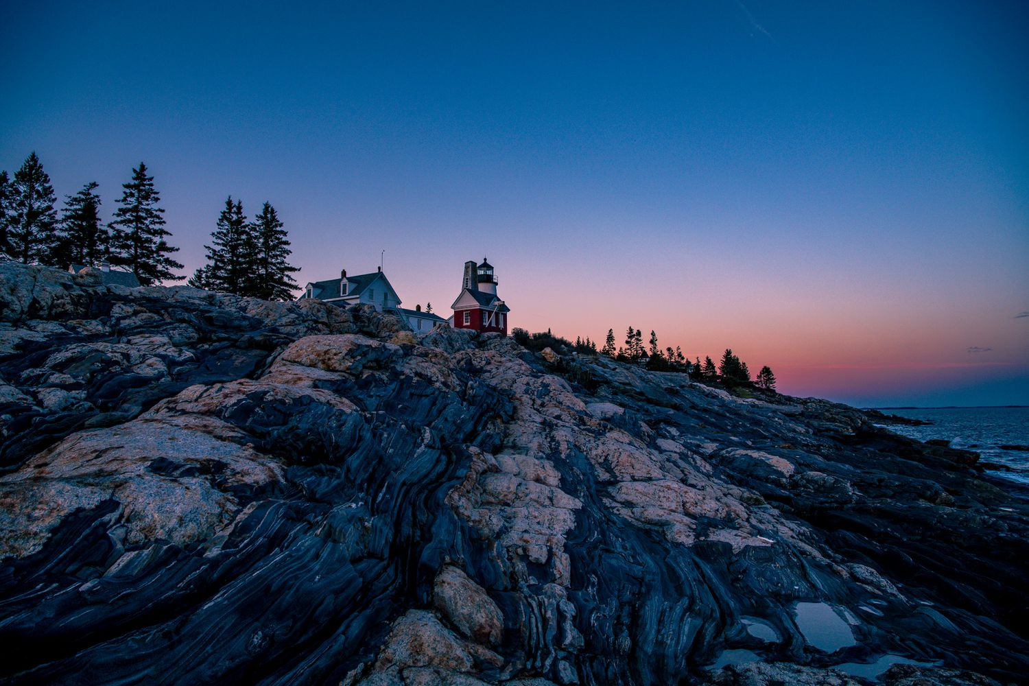 Rocky coastal landscape at sunset with silhouetted pine trees against a deep blue sky.