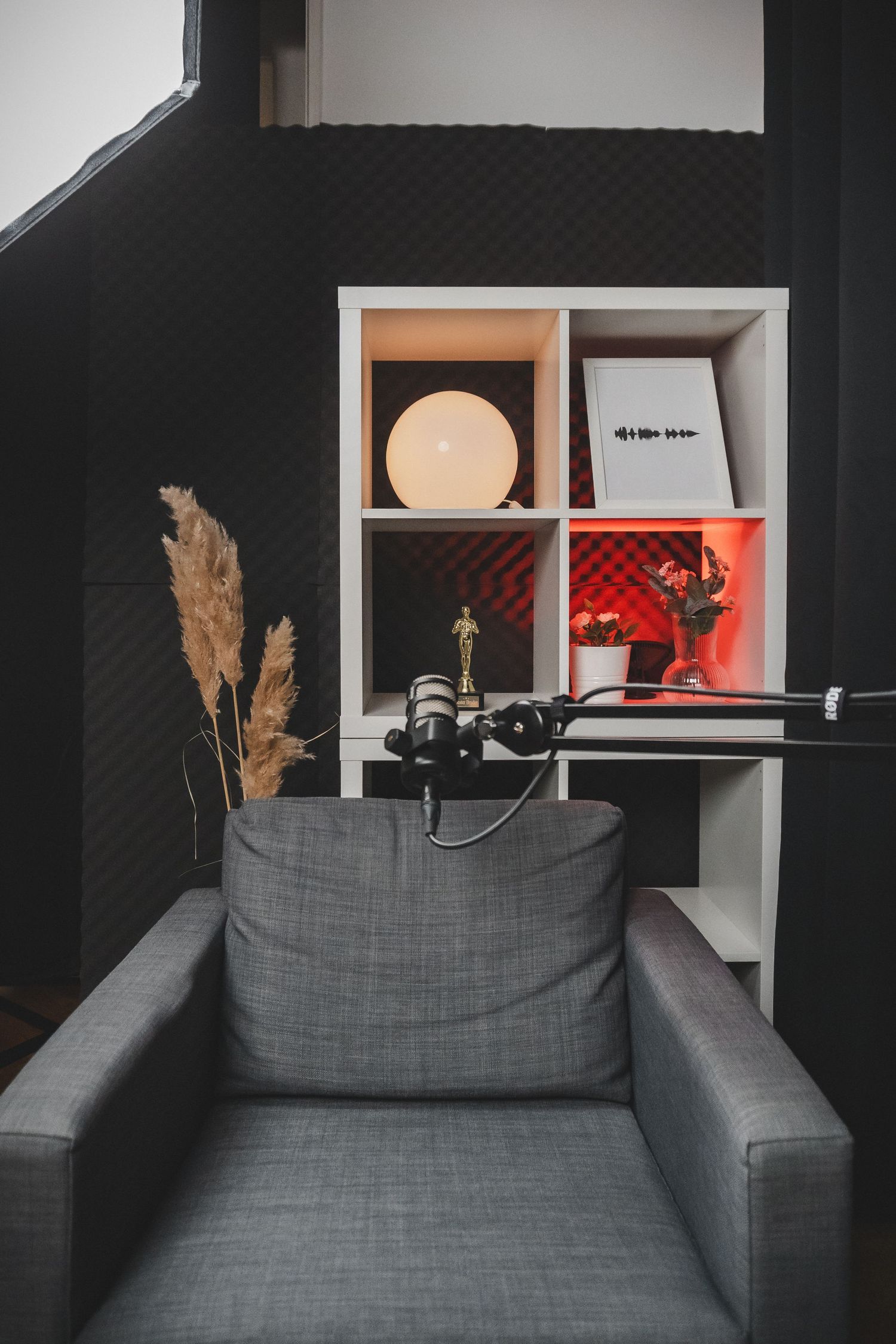 Gray couch against black acoustic panels with decorative shelving in recording studio.
