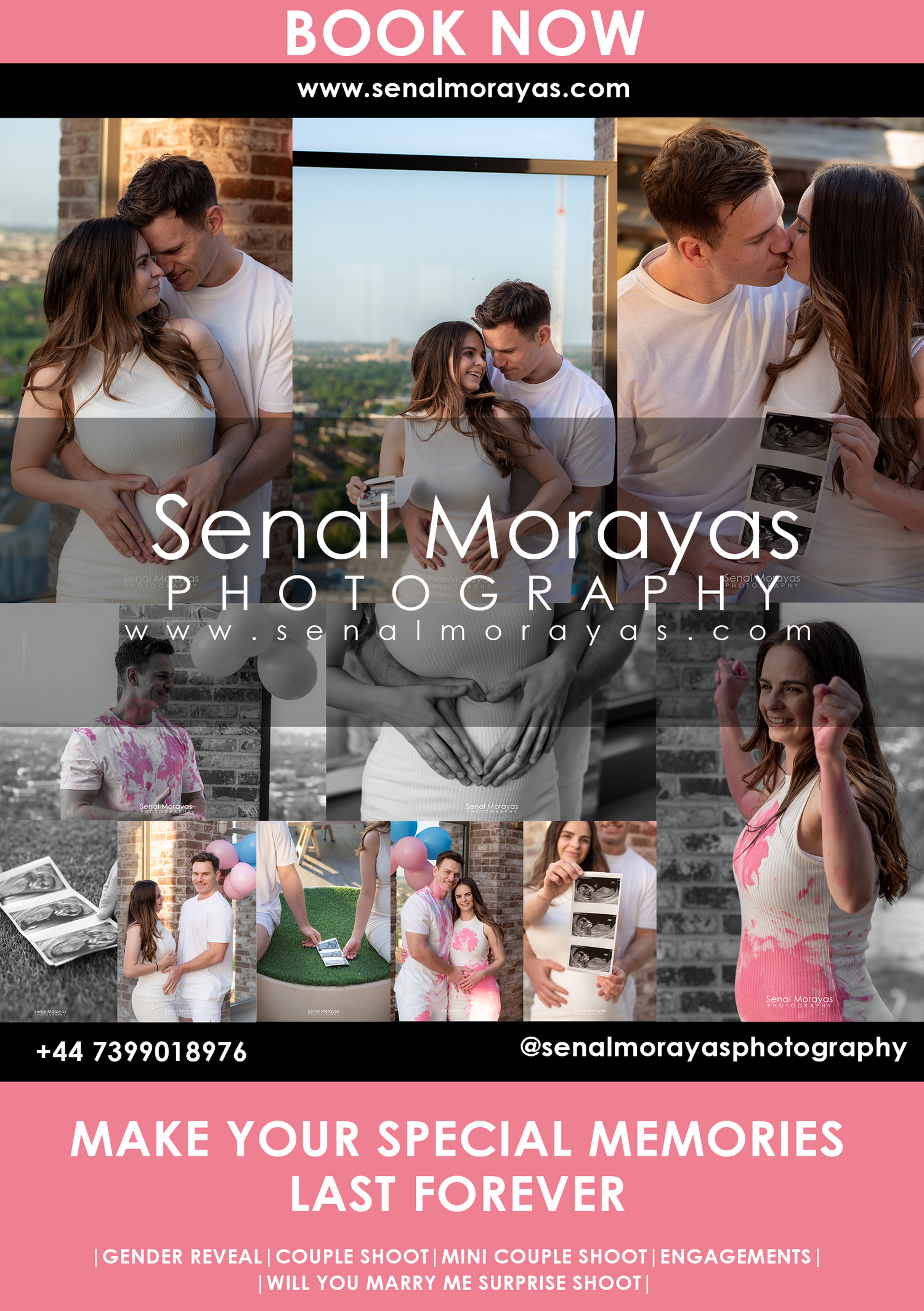 Pink themed photography services banner advertising special events and portrait sessions.
