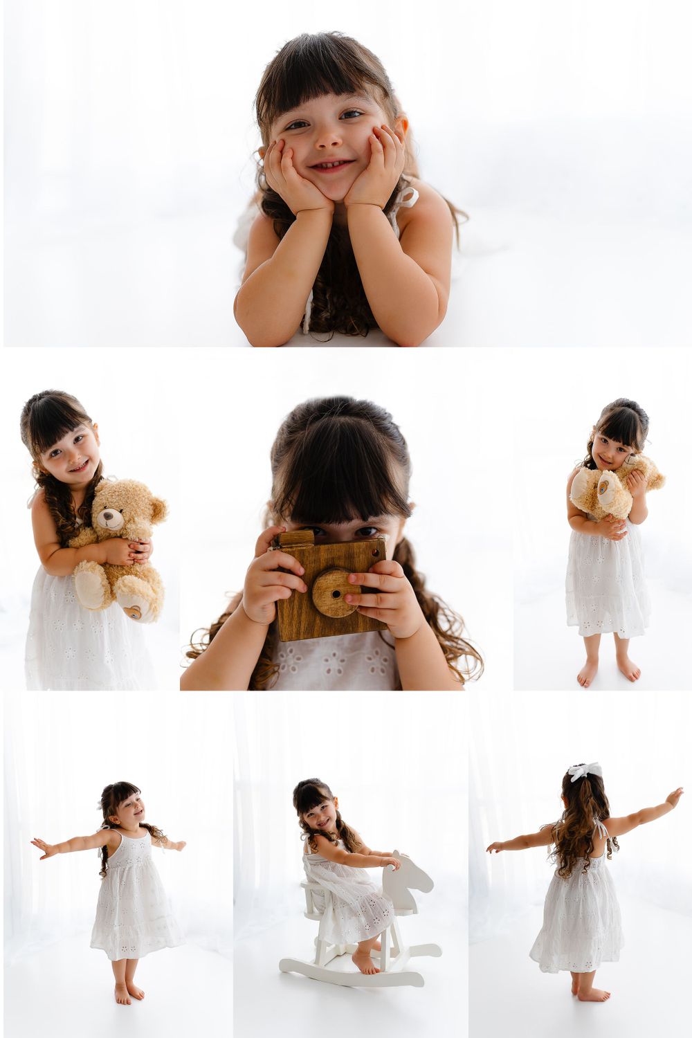 Collection of playful portraits with white dress and teddy bear against white background.