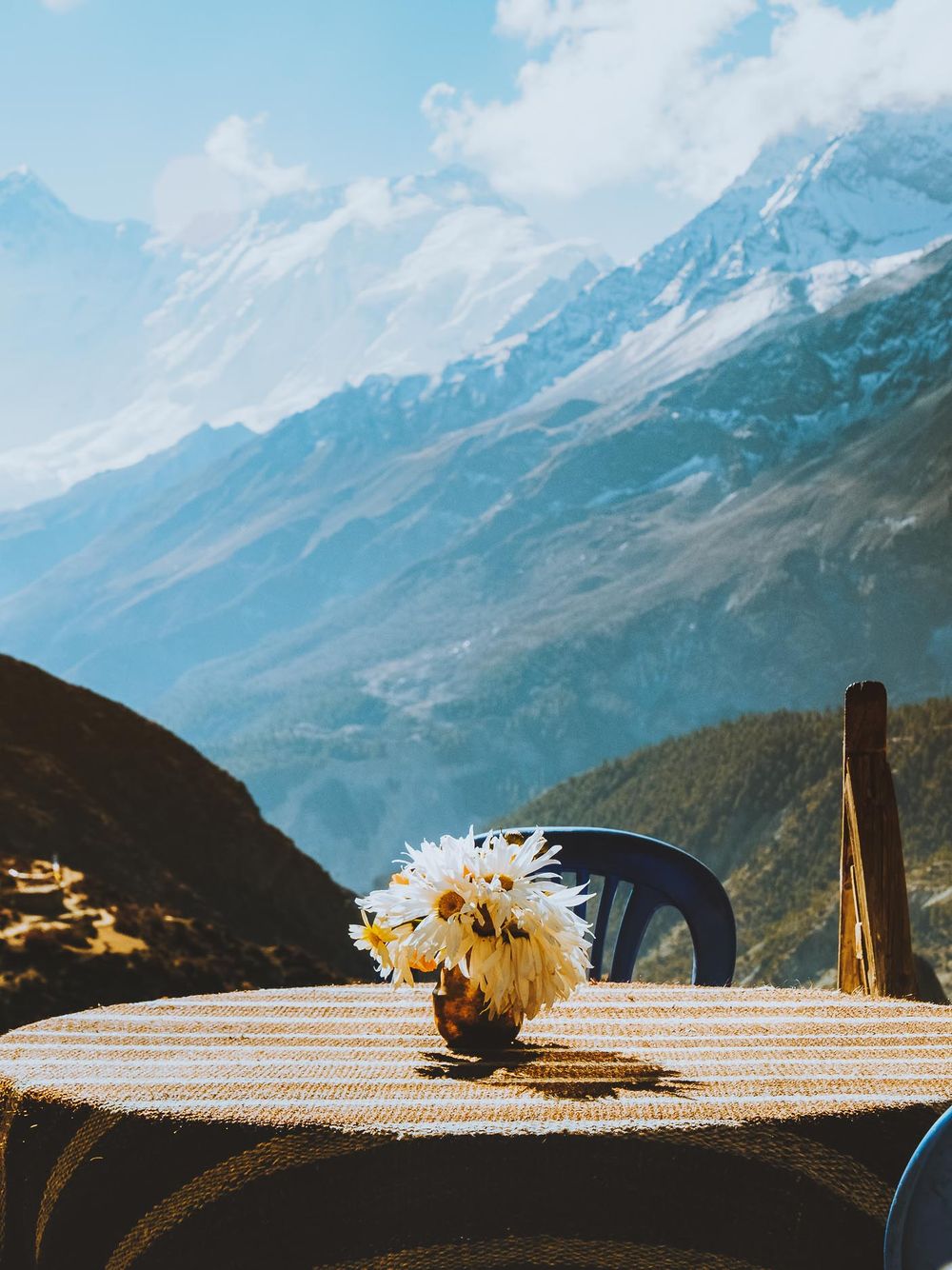 White daisies in a vase on wooden table with stunning mountain landscape view in background.
