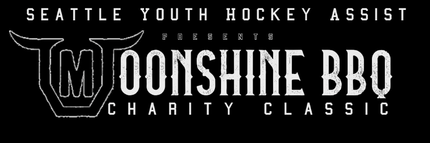 Black and white logo for Seattle Youth Hockey Assist Moonshine BBQ Charity Classic event.