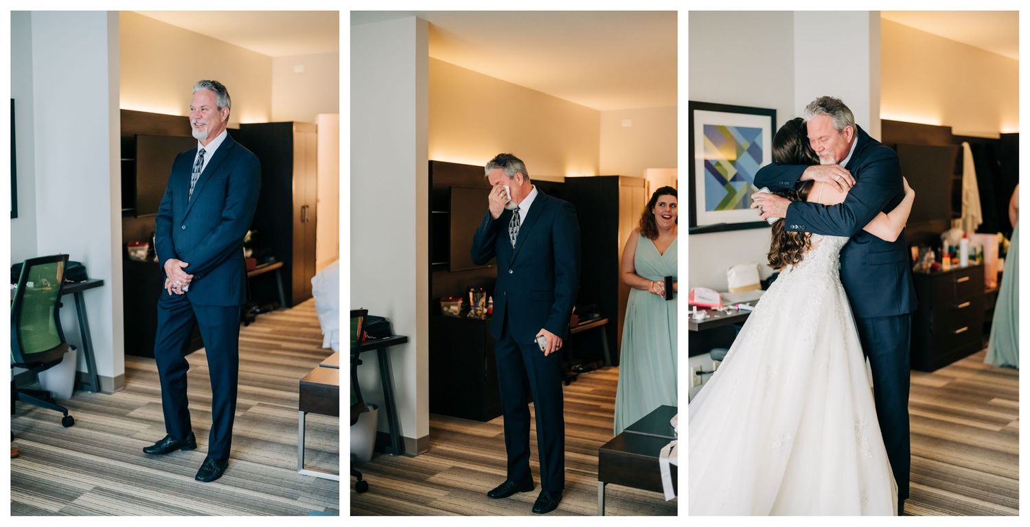 father of the bride sees bride for the first time, wipes eyes with tissue, hugs bride