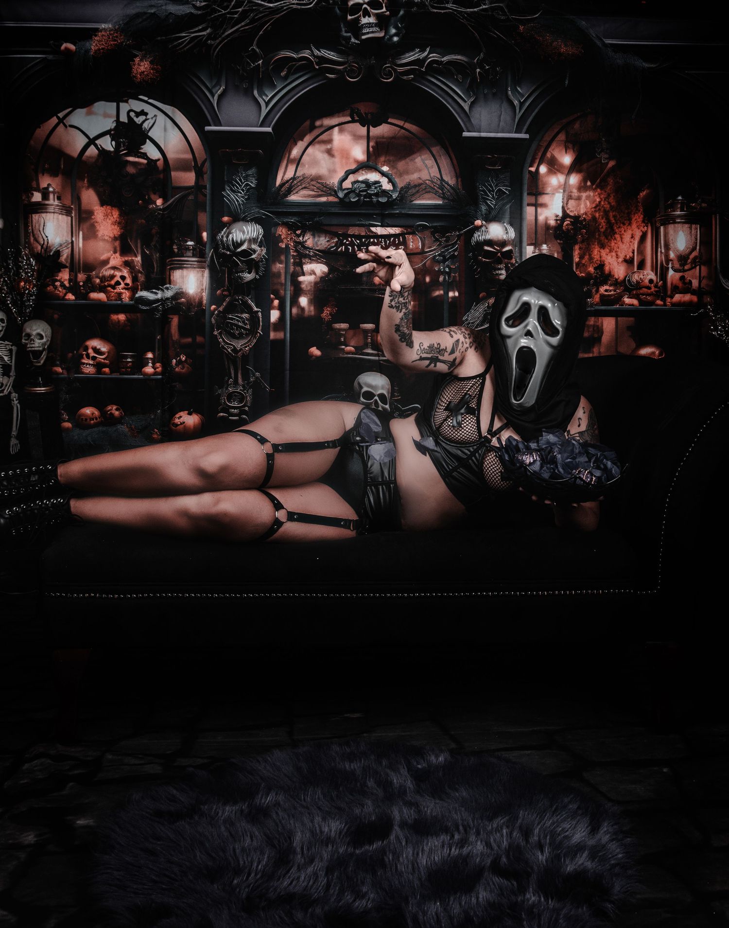 Dark and moody Halloween scene with ghostly masks and gothic architectural details.