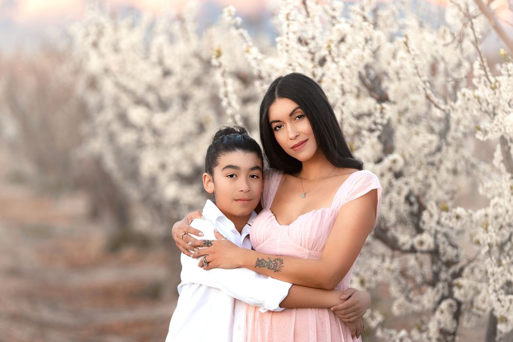 Mom and Son with White Blooming Apple Trees in Las Vegas Nevada Merrick Imagery Fine Art Portraits