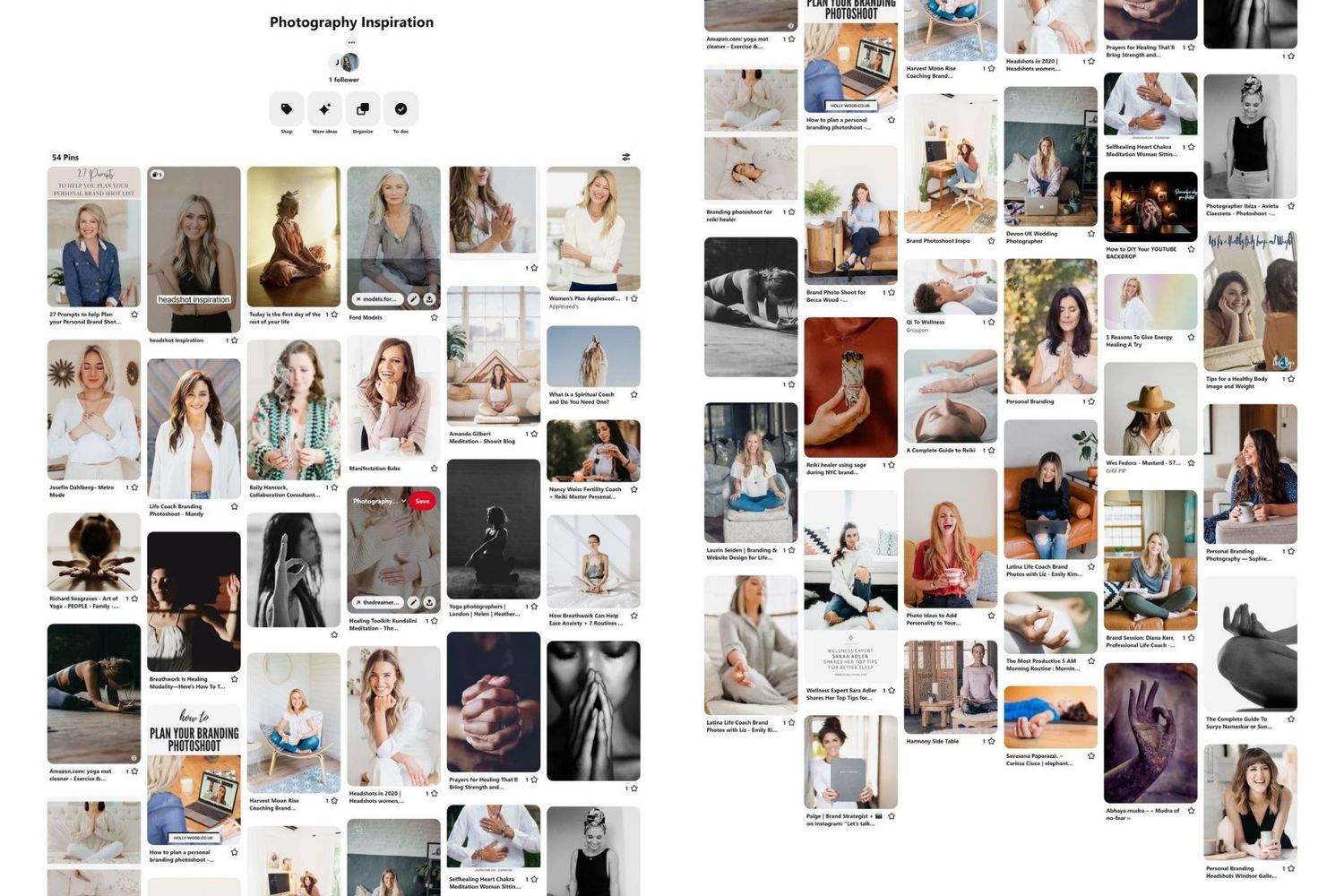 Pinterest board of personal branding client inspiration for their photoshoot lots of different photos for reiki spiritual healer in Seattle