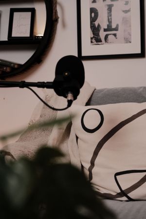 Artistic shot of podcast microphone with abstract wall art and decorative cushions.