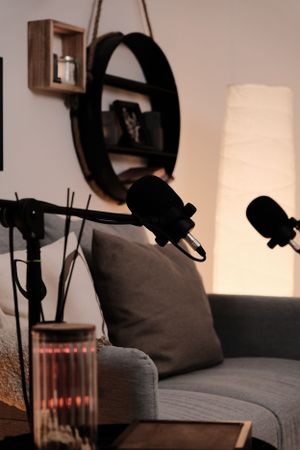 Warm-toned home studio setup featuring microphones, circular shelf, and comfortable seating.