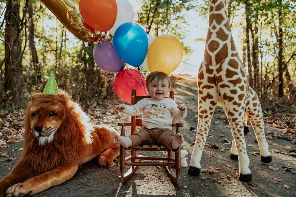 Colorful balloons and decorative giraffes create a festive outdoor scene.