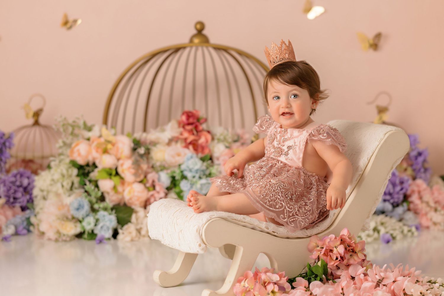 pink floral birdcage vintage cake smash, baby girl first birthday photoshoot, los angeles california, best photographer
