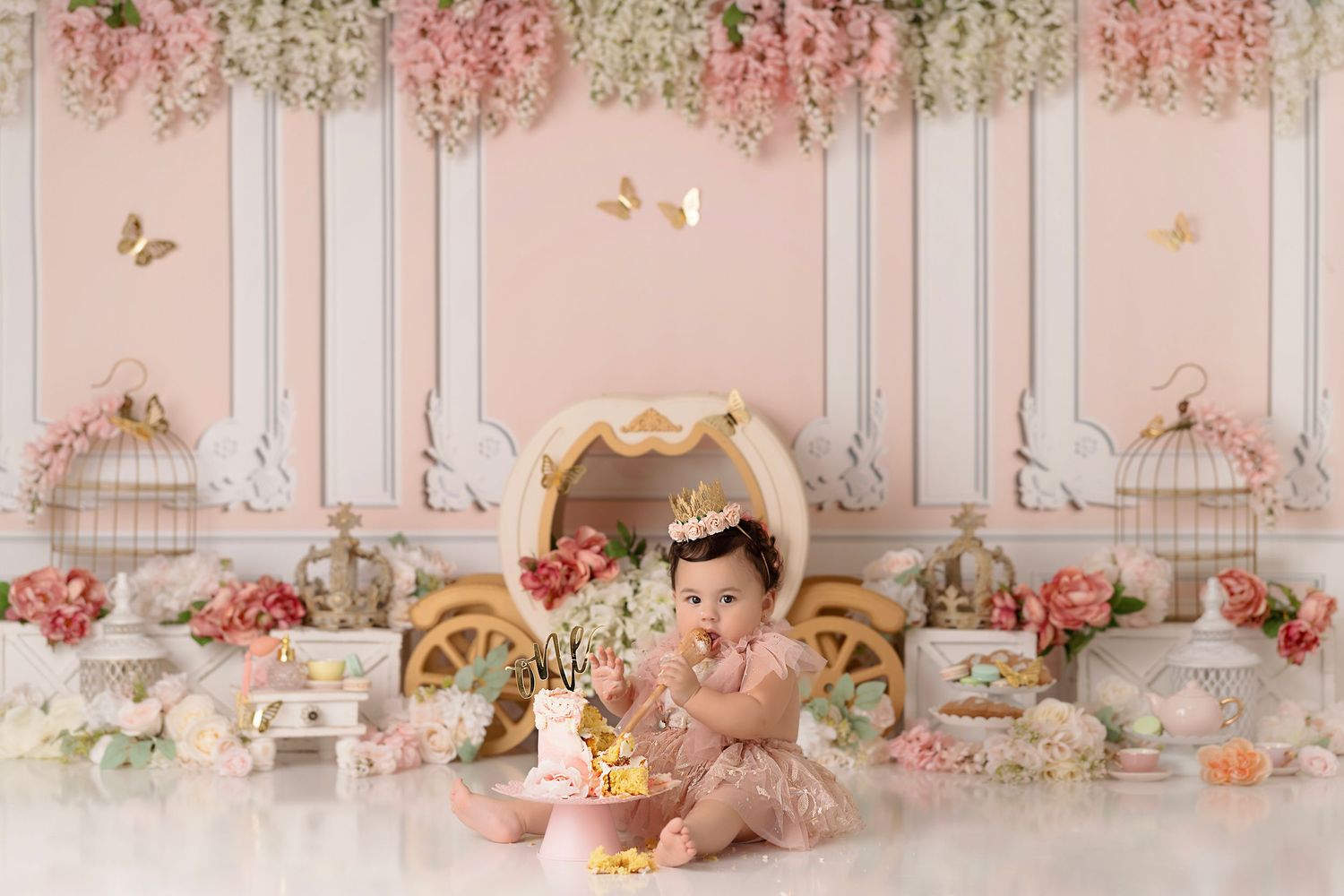 tea party bridgerton cake smash, baby girl first birthday photoshoot, los angeles california, best photographer