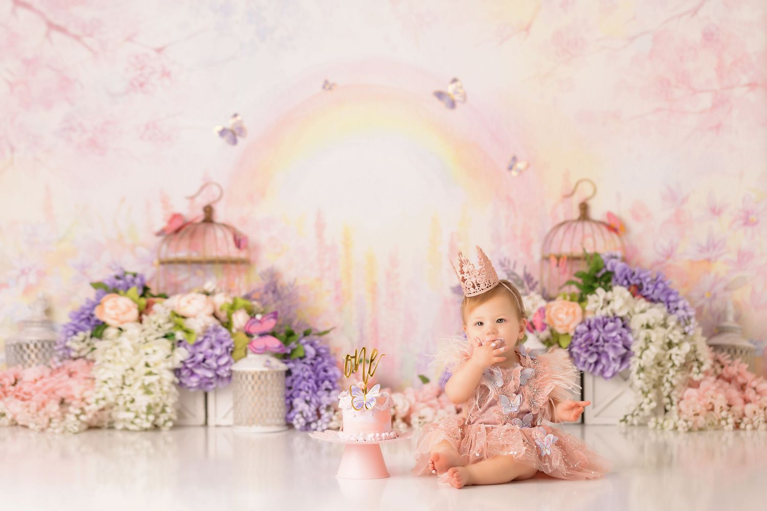 rainbow baby pink pastel cake smash, baby girl first birthday photoshoot, los angeles california, best photographer