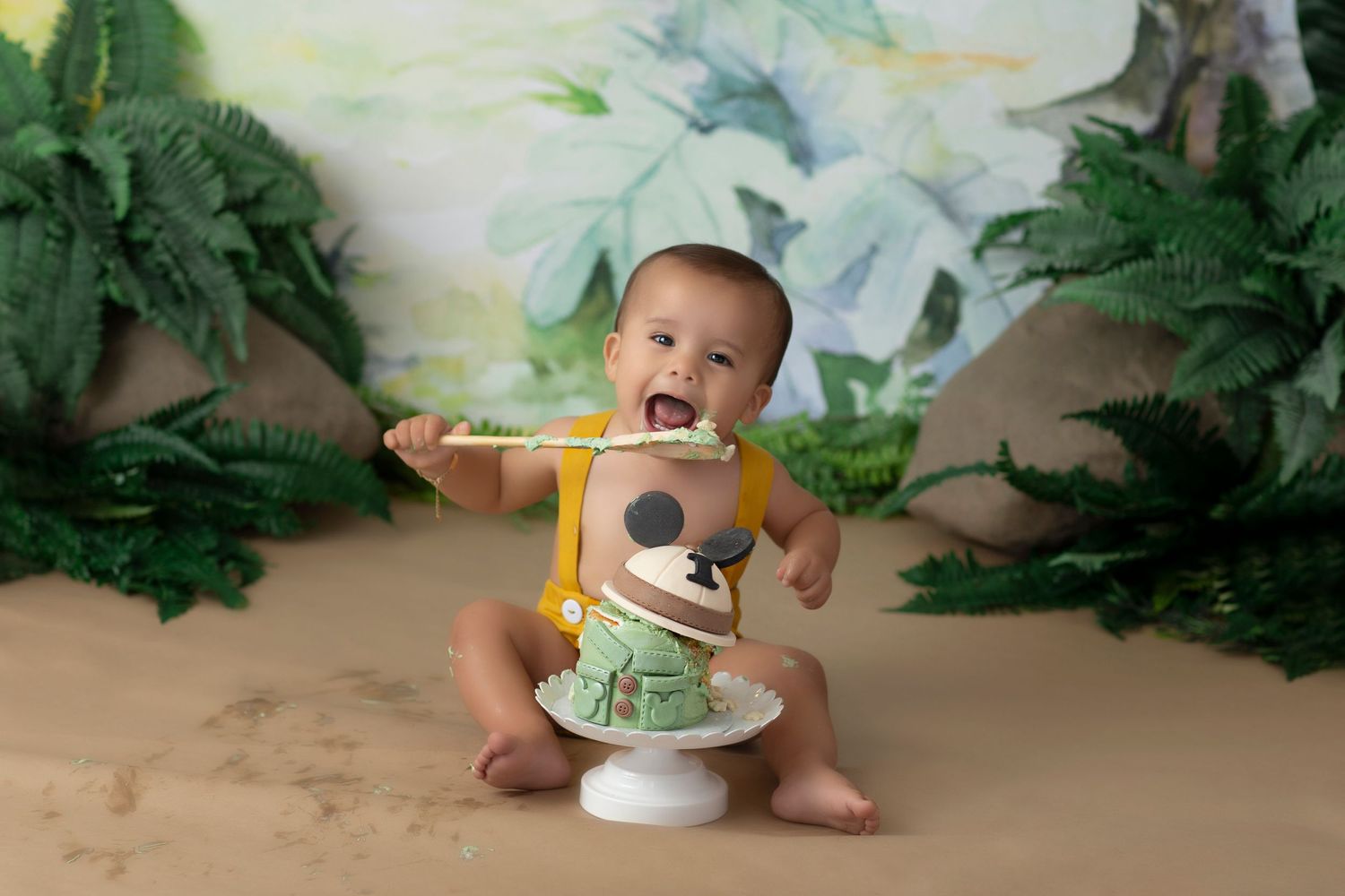 safari mickey cake smash, baby boy first birthday photoshoot, los angeles california, best photographer