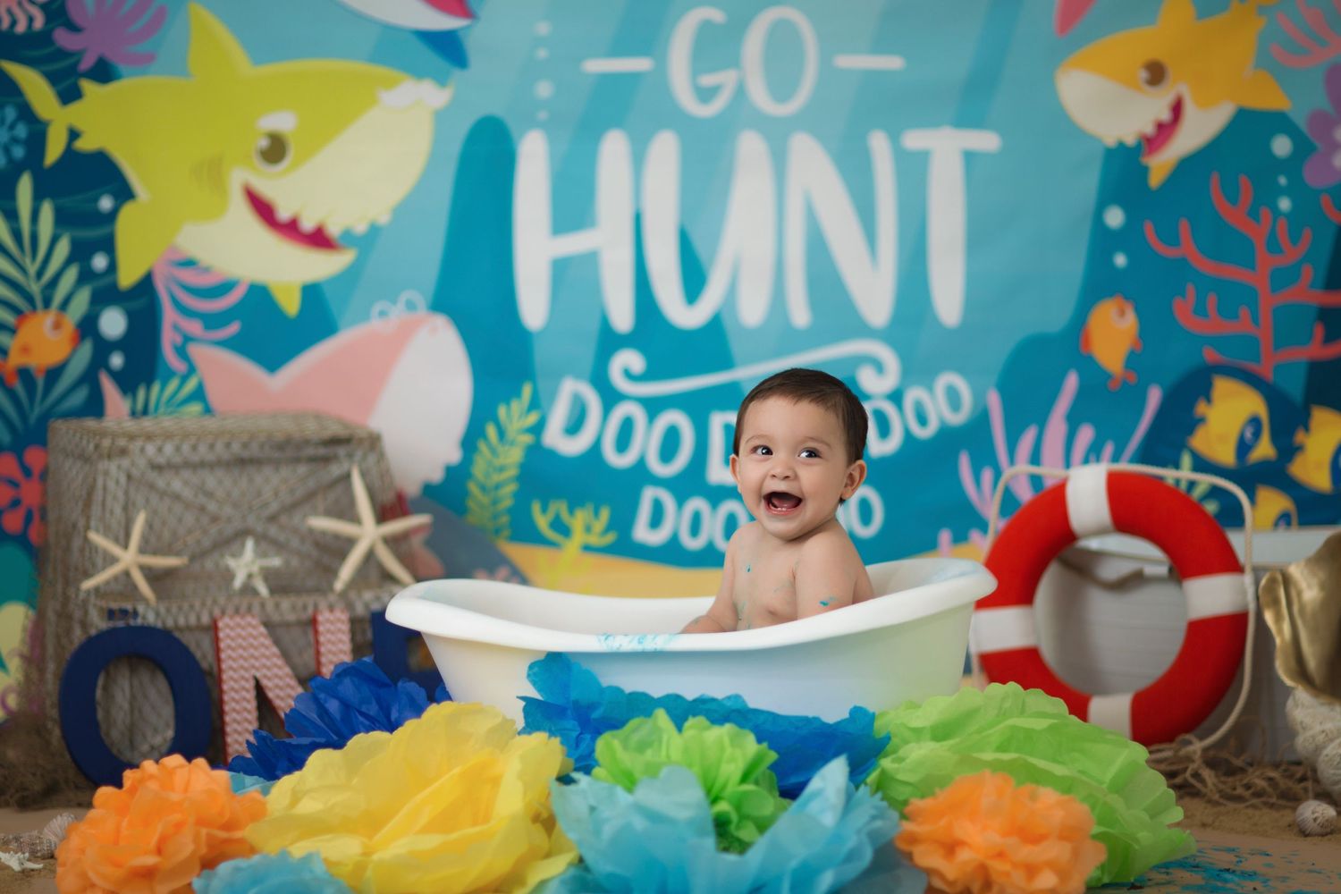 baby shark do do lets go hunt cake smash, baby boy first birthday photoshoot, los angeles california, best photographer