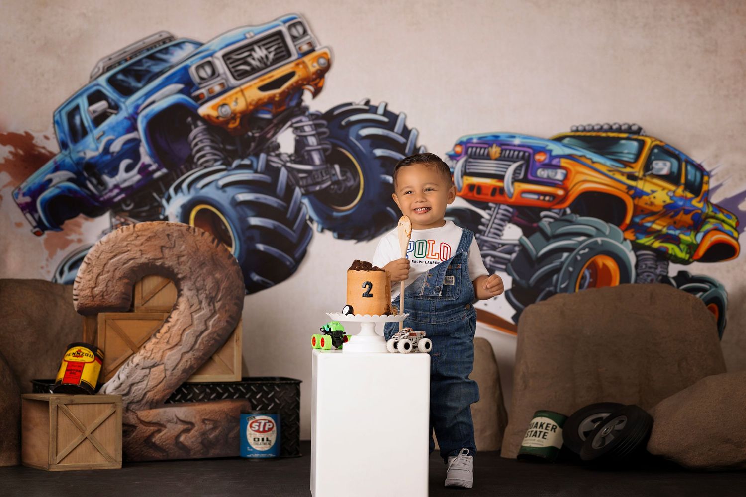 monster jam trucks cake smash, baby first birthday photoshoot, los angeles california, best photographer