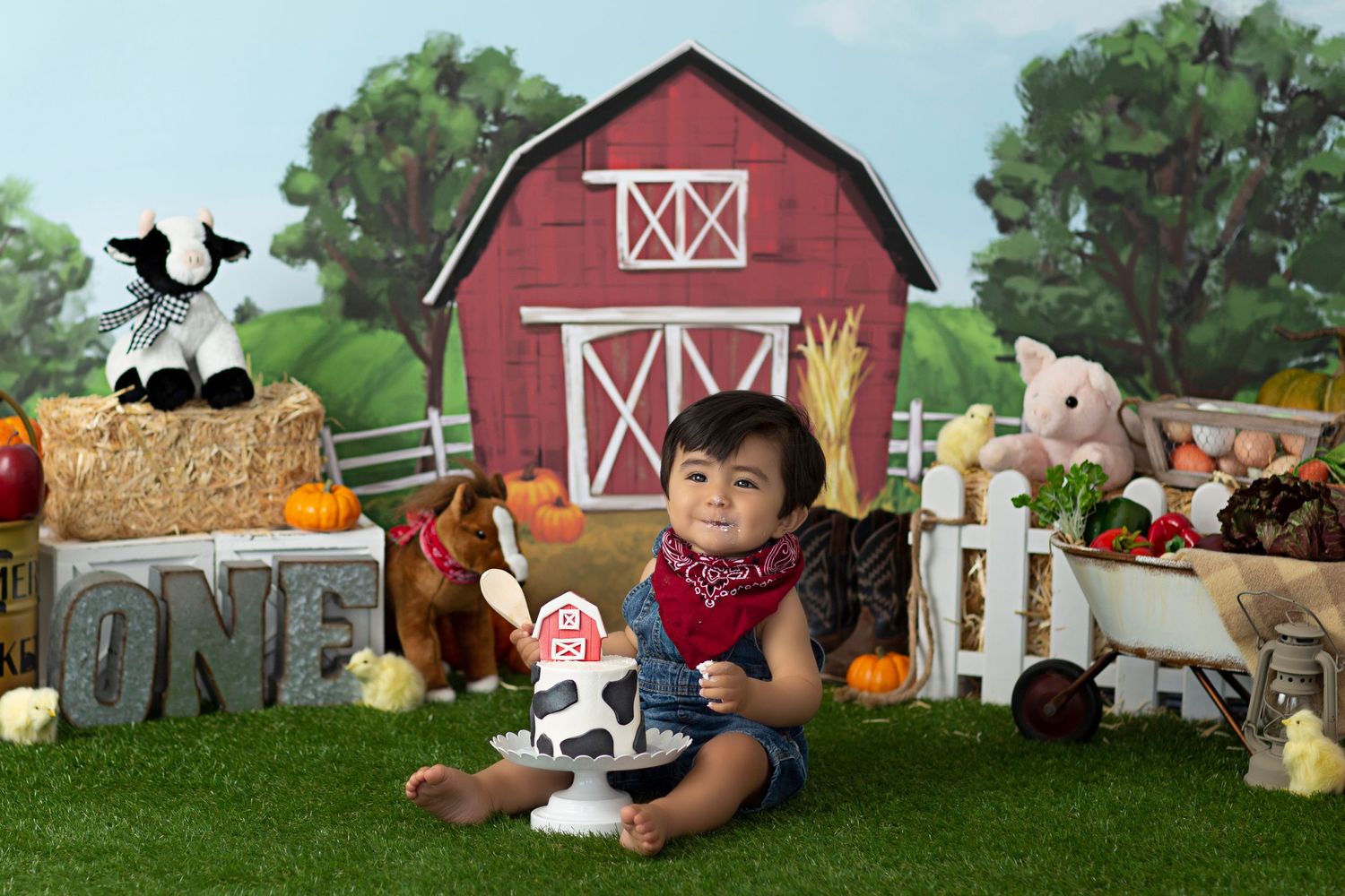 red barn farmer cowboy cake smash, baby boy first birthday photoshoot, los angeles california, best photographer