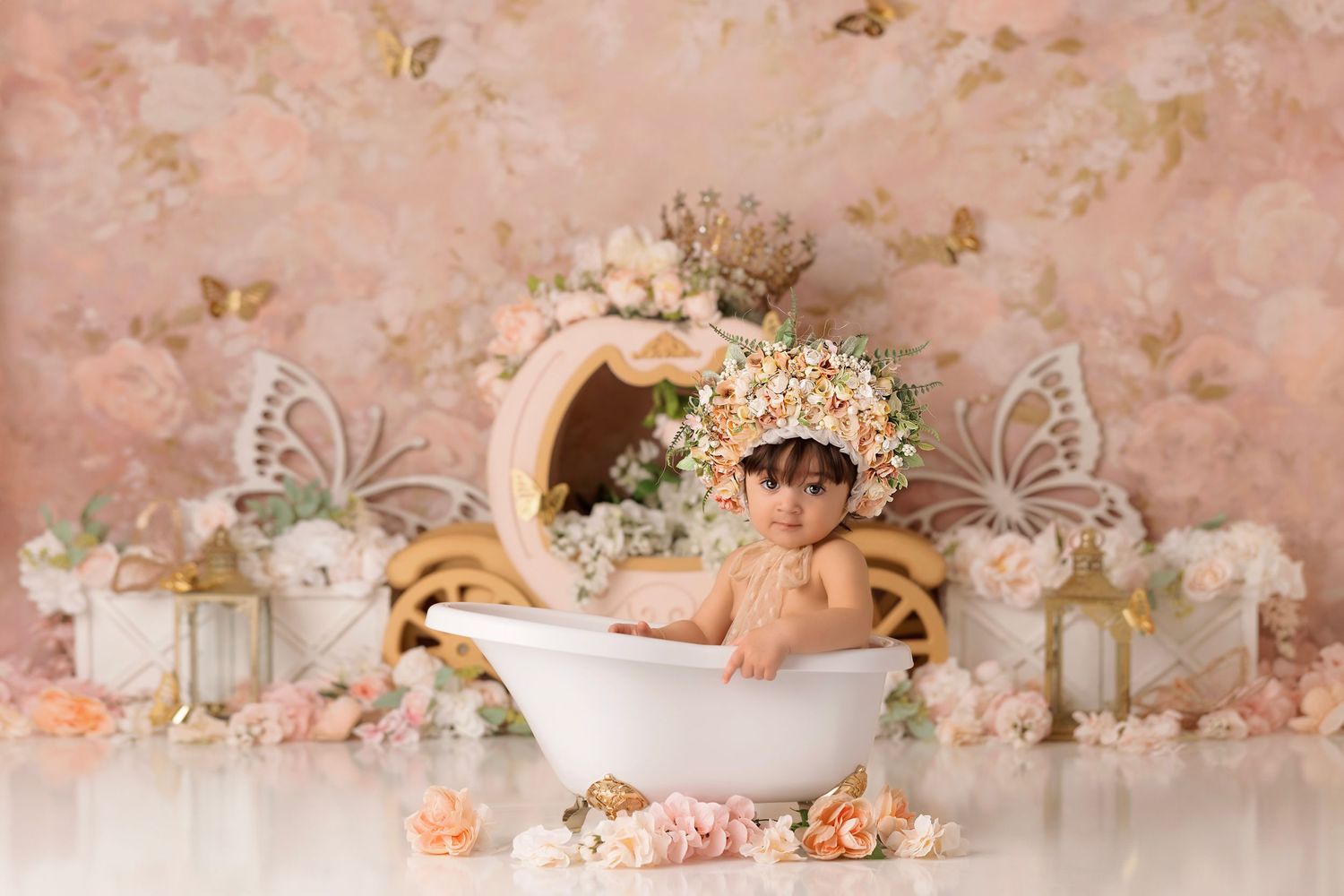 butterfly pink floral cake smash, baby girl first birthday photoshoot, los angeles california, best photographer