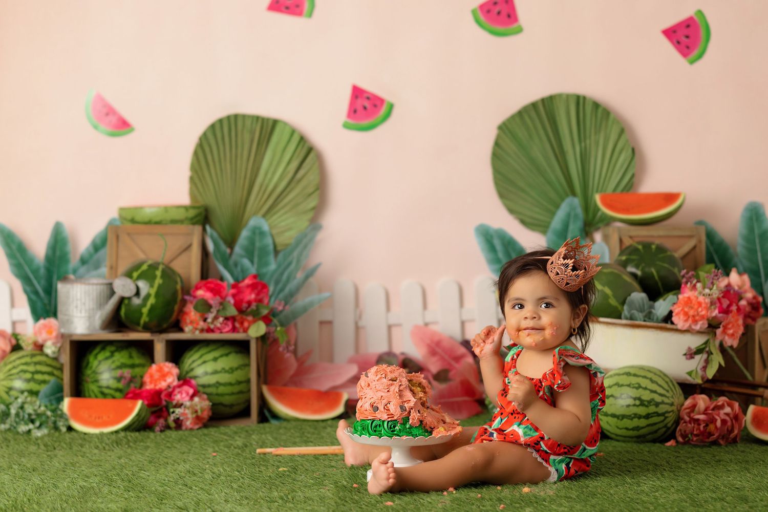 pink watermelon red green cake smash, baby girl first birthday photoshoot, los angeles california, best photographer