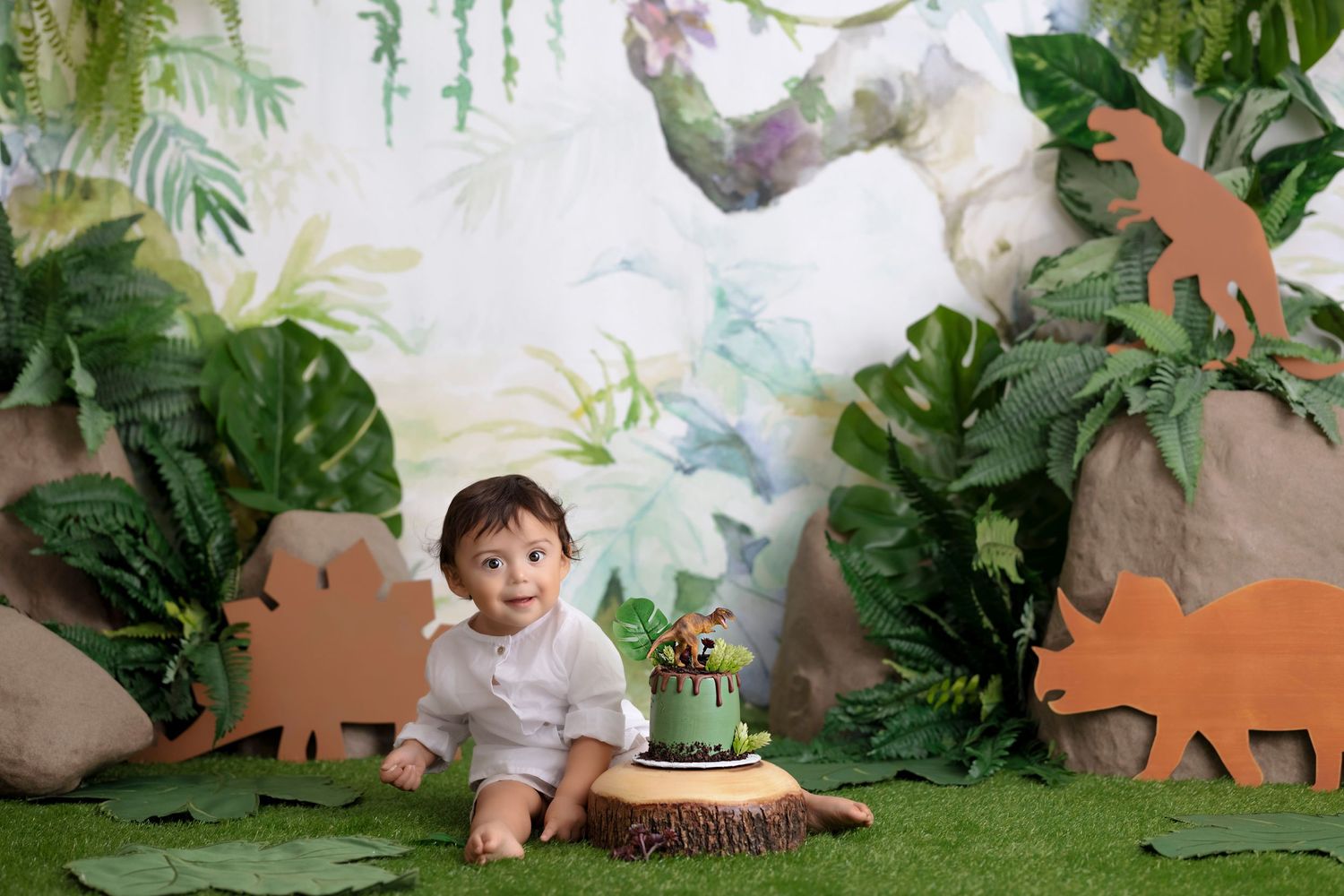 simple dinosaur classic cake smash, baby boy first birthday photoshoot, los angeles california, best photographer