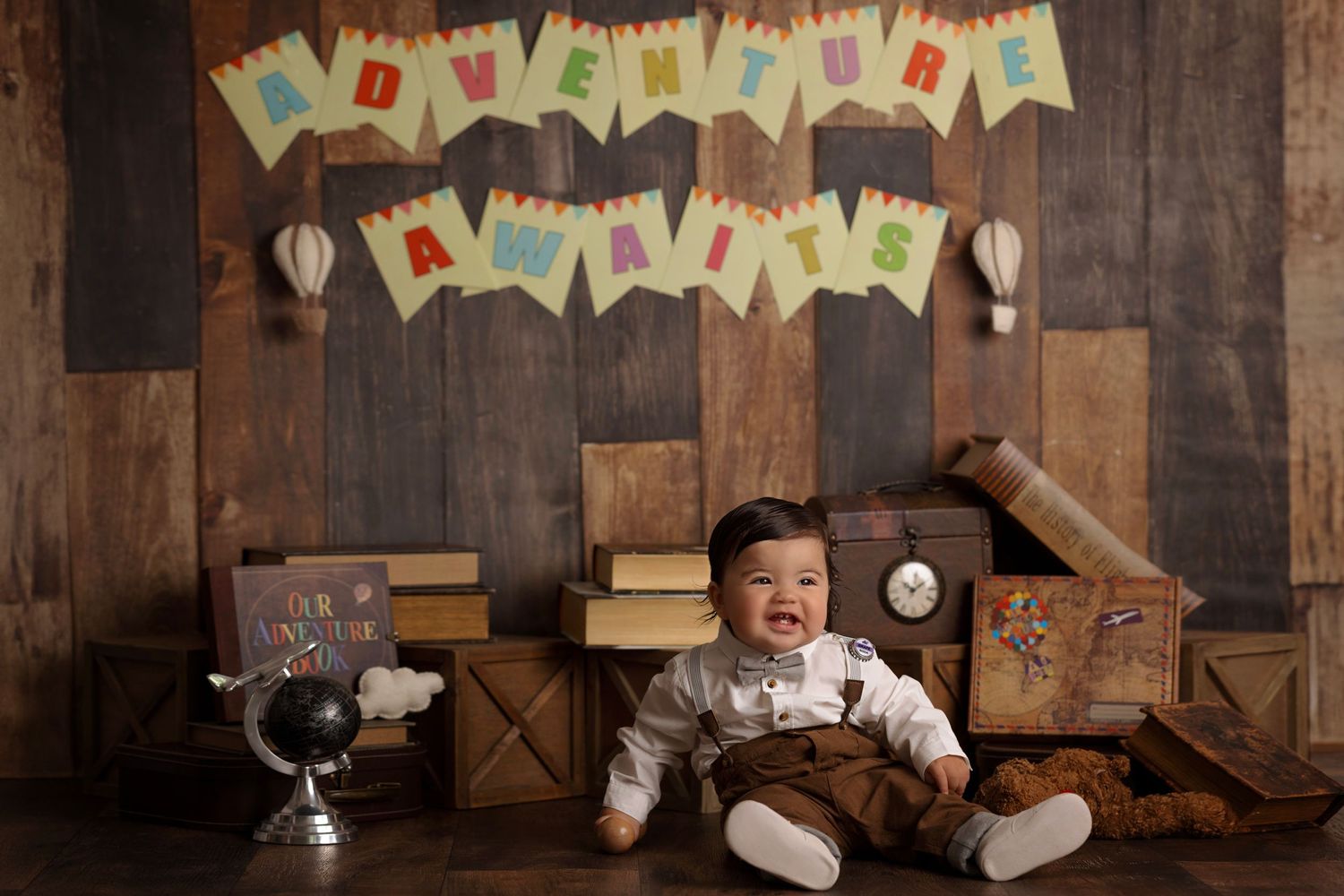 vintage brown pixar up cake smash, baby boy first birthday photoshoot, los angeles california, best photographer
